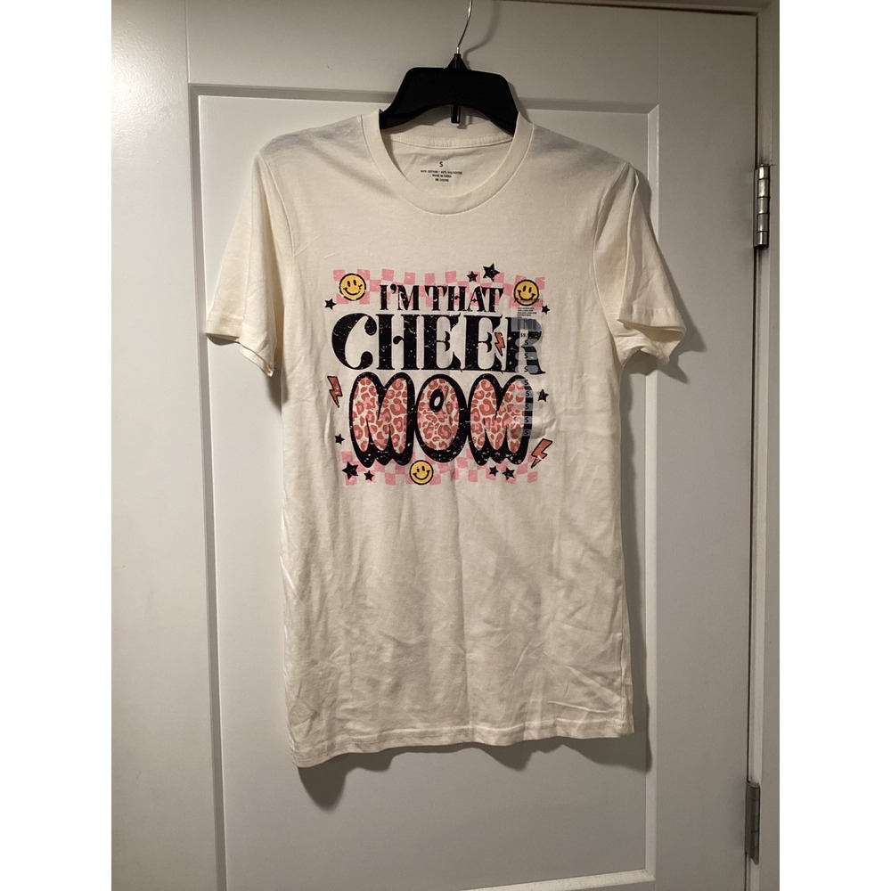I'm That Cheer Mom Graphic Tee Off White Leopard Print Smiley Face Shirt Small